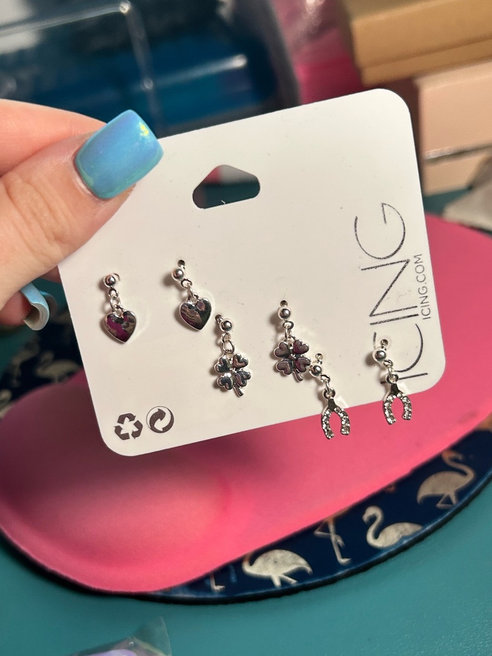 ICING Lucky Charm Stud Earring Set Hearts Clover Horseshoe Silver Tone 3 Pair
